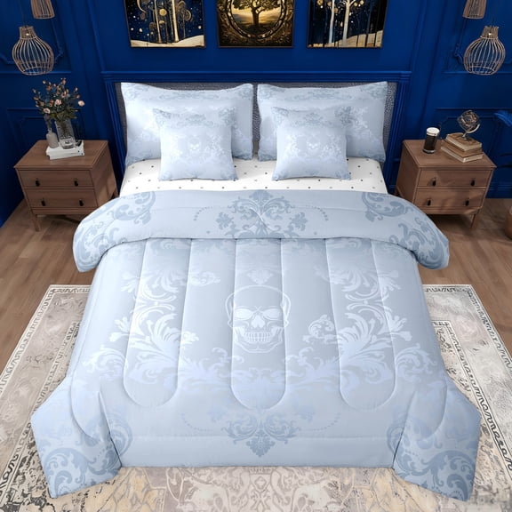 jejeloiu Retro Damask Print 7pcs Bedding Comforter Set,Spooky Gothic Skull Queen Bedding Sets,Blue Baroque Flower Queen Sheet Sets For Men Women,Luxury Bedroom Decor Reversible