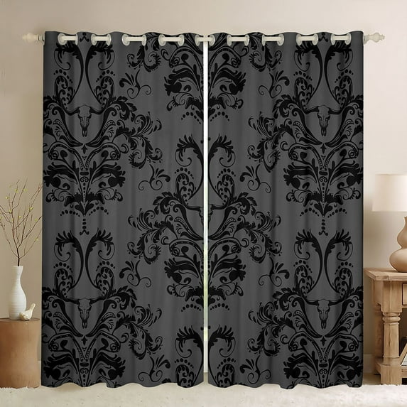 jejeloiu Retro Damask Print Curtains Pack of 2 (42x84 Each),Vintage Bull Skull Curtains Blackout,Black Baroque Flower Bedroom Curtains For Men Women,Luxury Bedroom Decor