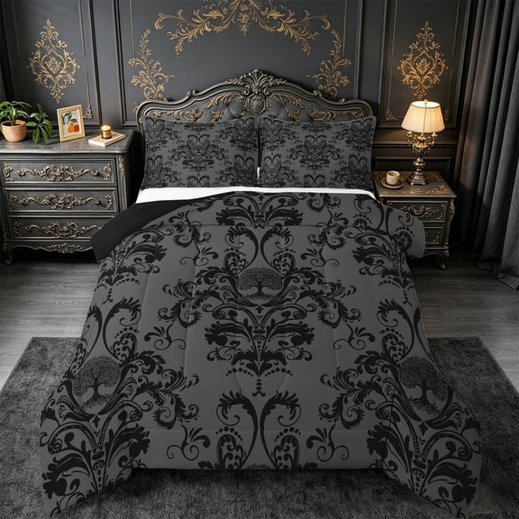 jejeloiu Retro Damask Print Queen Comforter Set,Tree Of Life Bedding Sets,Black Baroque Flower Bedding Comforter Set For Men Women,Luxury Bedroom Decor Reversible,3 Pieces