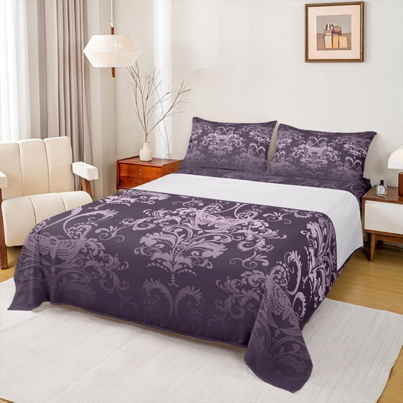 jejeloiu Retro Damask Print Queen Sheet Sets,Gothic Moth Flat Sheet,Purple Baroque Flower Queen Fitted Sheet For Men Women,Luxury Bedroom Decor,4-Piece