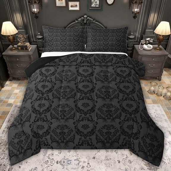 jejeloiu Retro Damask Print Twin Comforter Sets,Black Bohemian Flowers Bedding Set For Adults Reversible 2 Pieces