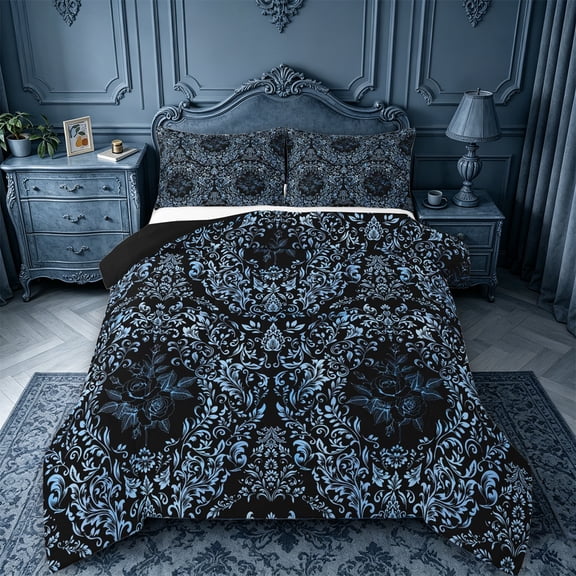 jejeloiu Retro Damask Queen Comforter Set,Floral Design Comforter Sets Queen For Adults,Black Blue,Black Reversible,3-Piece,1 Comforter and 2 Pillowcases