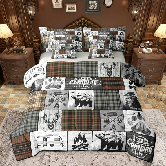 jejeloiu Retro Deer Skull 7 Pieces Bedding Comforter Set,Rustic Wilife Hunting Full Bedding Set,Wild Animal Bear Fitted Sheet Flat Sheet For Boys Teens,Super Cozy Room Decor Reversible