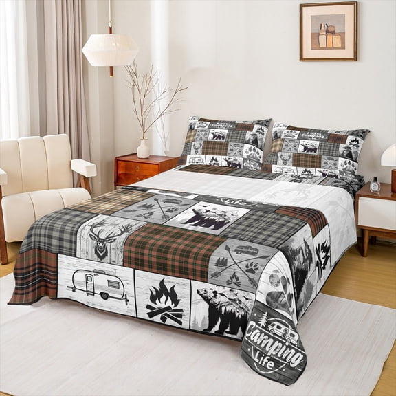 jejeloiu Retro Deer Skull Twin Sheet Sets,Rustic Wilife Hunting Twin Fitted Sheet,Wild Animal Bear Flat Sheet For Boys Teens,Super Cozy Room Decor,3-Piece