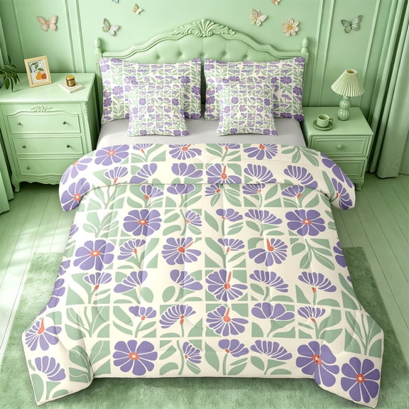 jejeloiu Retro Floral 7-Piece Twin Bedding For Girls,Mid-Century Pattern Bedding Comforter Set,Purple Green Cream,Light Gray Reversible