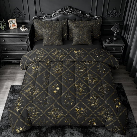 jejeloiu Retro Floral 7pcs Queen Bedding,Diamond Print Bedding Comforter Set Queen For Adults,Black Gold,Black Reversible
