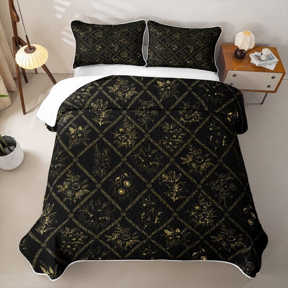 jejeloiu Retro Floral Bed Spread Queen,Diamond Print Queen Coverlet Set For Adults,Black Gold,3-Piece