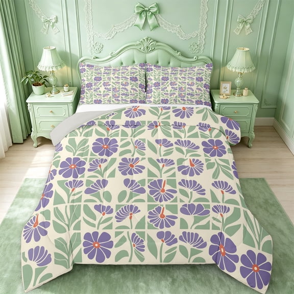 jejeloiu Retro Floral Full Size Comforter Sets For Girls,Mid-Century Pattern Bedding Comforter Set,Purple Green Cream,Light Gray Reversible,3pcs,1 Comforter and 2 Pillowcases