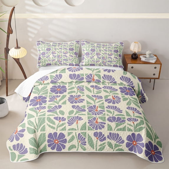 jejeloiu Retro Floral Twin Quilt Set For Girls,Mid-Century Pattern Twin Coverlet Set,Purple Green Cream,2-Piece