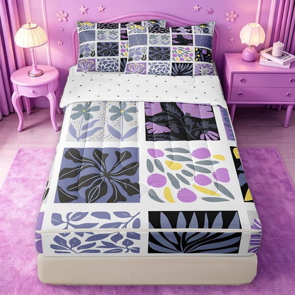 jejeloiu Retro Floral Zipper Twin Comforter Sets with Fitted Sheet and 2 Pillowcases For Girls,Patchwork Pattern Zipper Bedding Set,Purple Black White,Reversible,4-Piece