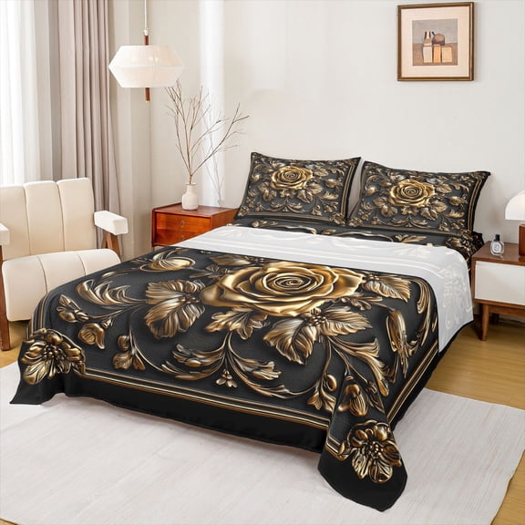 jejeloiu Retro Flower Bed Sheets,Vintage Bohemian Floral King Sheets,Gold Black Sheet Set For Teens,Luxury Bedroom Decor,4 Pieces