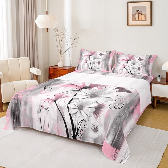 jejeloiu Retro Flower Daisy Bed Sheets,Splash Ink King Sheets,Pink White Black Sheet Set For Girls,Lightweight Room Decorative,4pcs