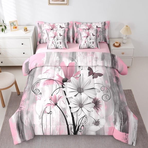 jejeloiu Retro Flower Daisy Bedding Comforter Set,7 Pieces,Splash Ink Full Bedding Set,Pink White Black Fitted Sheet Flat Sheet For Girls,Lightweight Room Decorative Reversible