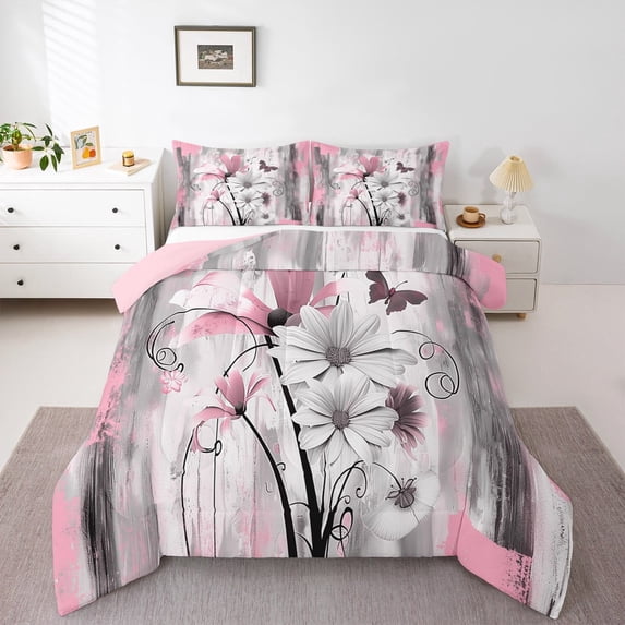 jejeloiu Retro Flower Daisy Bedding Comforter Set,Splash Ink Twin Comforter Sets,Pink White Black Bedding Set For Girls,Lightweight Room Decorative Reversible,3pcs