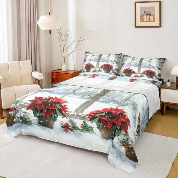 jejeloiu Retro Floral Christmas Snowflake Red Green White King Sheet Set,Luxury Bedding,4 Pieces
