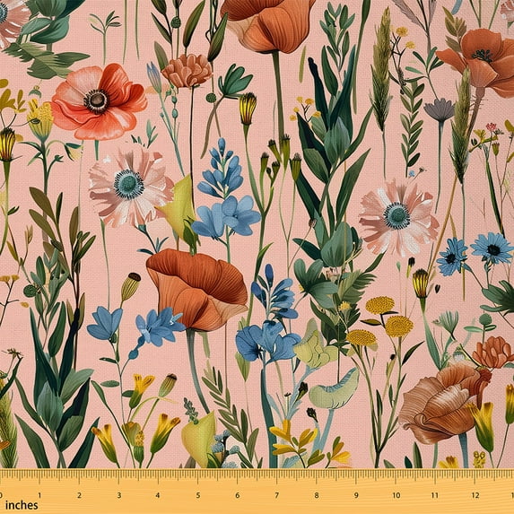 jejeloiu Retro Flower Floral Fabric by the Yard 3 Yards,Natural Botanical Lavender Sewing Fabric,Orange Blue Pink Fabric for Sewing For Child,Breathable Home Decor
