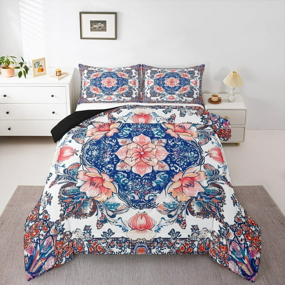 jejeloiu Retro Flower Full Size Comforter Sets,Watercolor Vintage Floral Bedding Comforter Set,Rustic Farmhouse Bedding Sets For Teens,Super Cozy Room Decor Reversible,3pcs