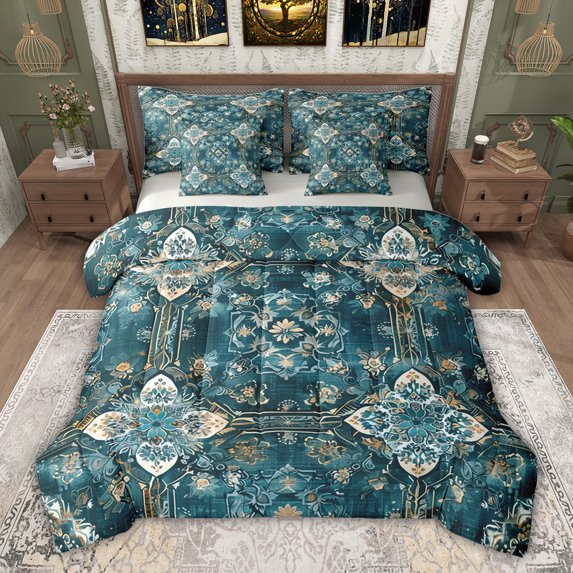 jejeloiu Retro Flowers 7 Pieces Bedding Comforter Set,Abstract Geometric Rhombus Full Bedding Set For Girls Kids Reversible