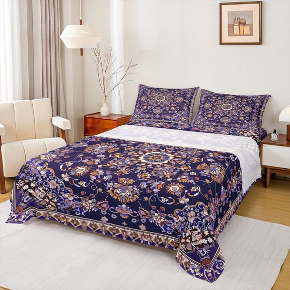 jejeloiu Retro Flowers Twin Sheet Sets,Purple Brown Bedding For Girls Kids 3pcs