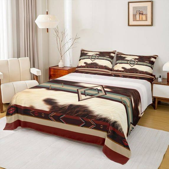 jejeloiu Retro Geometric Stripes Queen Sheet Sets,Cow Cattle Hide Flat Sheet,Rustic Western Farmhouse Queen Fitted Sheet For Girls Kids,Microfiber Bedroom Decor,4-Piece