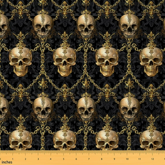 jejeloiu Retro Gothic Skull Fabric by the Yard 10 Yards,Damask Flower Room Decor Fabric by the Yard,Gold Black Sewing Fabric For Boys,Ultra Soft Home Decor