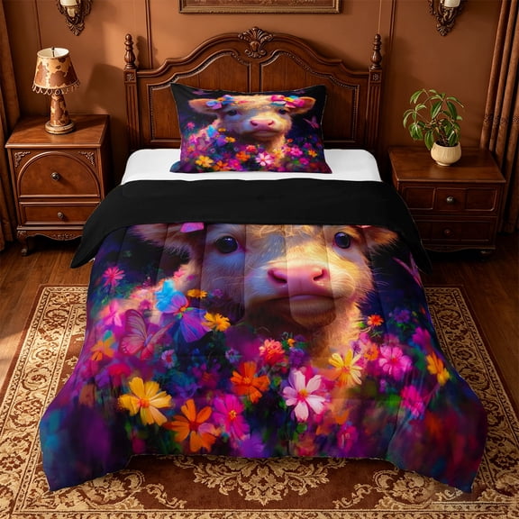 jejeloiu Retro Highland Cow Twin Comforter Sets Kids,3D Cartoon Colorful Floral Butterfly Pattern Bedding Set,Reversible,2-Piece