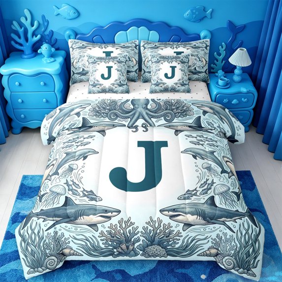 jejeloiu Retro Initial Letter J 7 Pieces Full Size Bedding Sets,Ocean Animal Design Full Size Bed in a Bag For Shark Print Lovers,Reversible