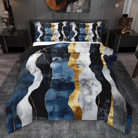 jejeloiu Retro Ink Geometric Queen Comforter Set,Watercolor Geometric Lines Bedding Comforter Set For Girls Teens Reversible 3pcs