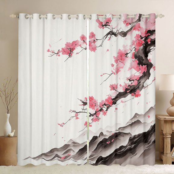 jejeloiu Retro Ink Painting Black Out Curtains,Rustic Cherry Floral Curtains Pack of 2 (42x63 Each),Pink Sakura Bedroom Curtains For Kids,Microfiber Bedroom Decor