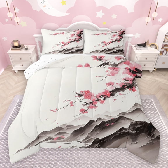 jejeloiu Retro Ink Painting Full Size Comforter Sets,Rustic Cherry Floral Bedding Comforter Set,Pink Sakura Bedding Sets For Kids,Microfiber Bedroom Decor Reversible,3 Pieces