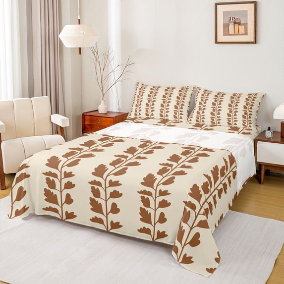 jejeloiu Retro Leaf Print Full Size Sheets,Brown Beige Bed Sheets For Teens 4 Pieces