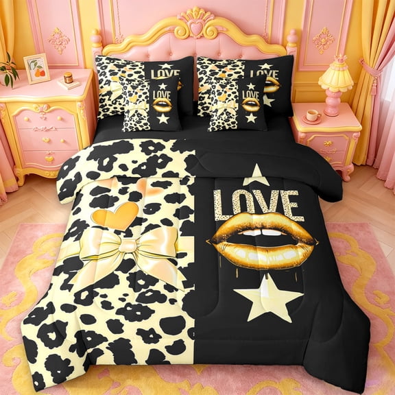 jejeloiu Retro Leopard 7-Piece Twin Bedding For Girls,Shiny Lips Print Bedding Comforter Set,Gold Black,Black Reversible
