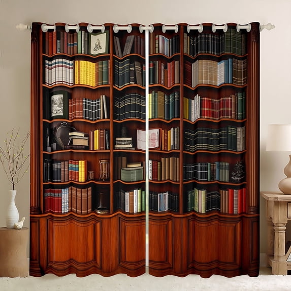 jejeloiu Retro Library Bookcase Black Out Curtains,Vintage Books Curtains Pack of 2 (42x63 Each),Brown Bookshelf Bedroom Curtains For Men Women,Breathable Home Decor