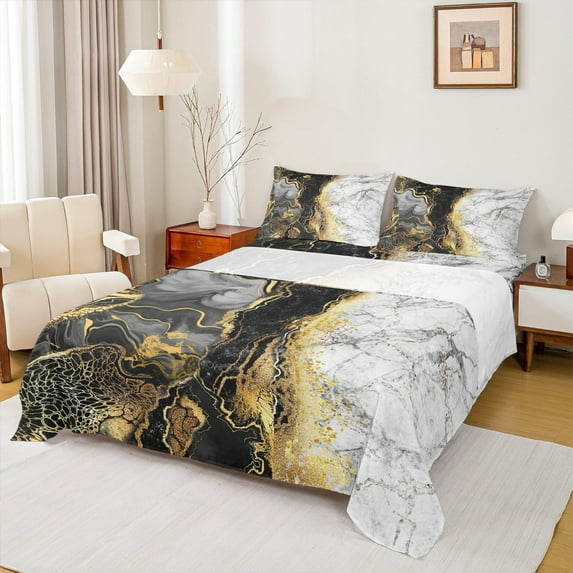 jejeloiu Retro Marble Texture Queen Sheet Sets,Modern Fulid Ink Flat Sheet,Black Gold White Queen Fitted Sheet For Men Women,Super Cozy Room Decor,4-Piece