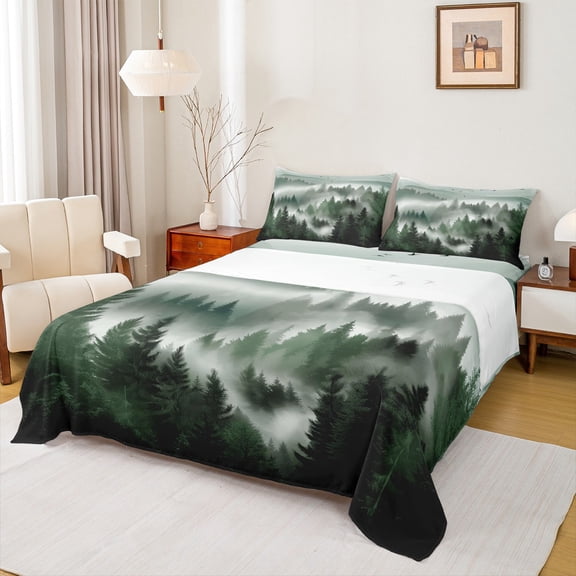 jejeloiu Retro Natural Landscape Bed Sheets,Jungle Mountain Range King Sheets,Green Black Sheet Set For Kids,Breathable Home Decor,4-Piece