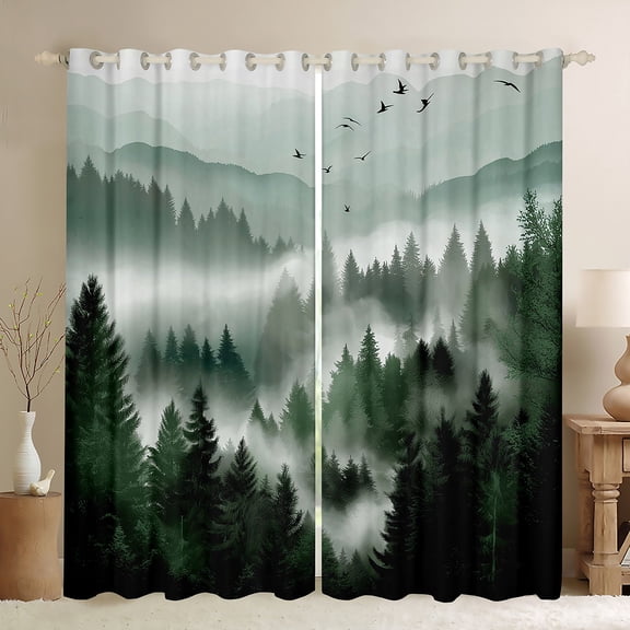 jejeloiu Retro Natural Landscape Black Out Curtains,Jungle Mountain Range Curtains Pack of 2 (42x63 Each),Green Black Bedroom Curtains For Kids,Breathable Home Decor