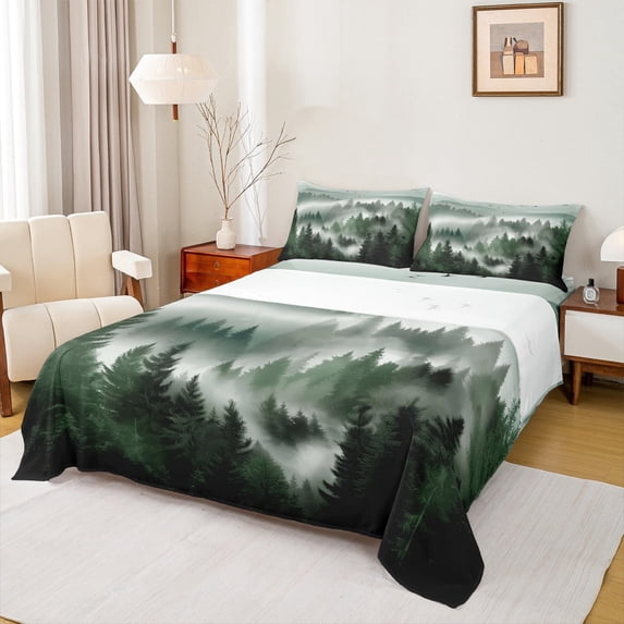 jejeloiu Retro Natural Landscape Twin Sheet Sets,Jungle Mountain Range Twin Fitted Sheet,Green Black Flat Sheet For Kids,Breathable Home Decor,3-Piece