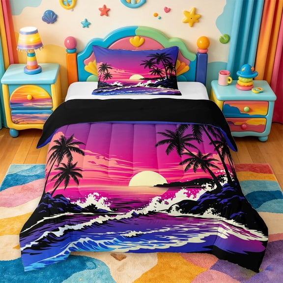 jejeloiu Retro Palm Tree Sunset Twin Comforter Sets For Girls,Neon Beach Scene Bedding Set,Purple Blue,Black Reversible,2 Pieces,1 Comforter and 1 Pillowcase