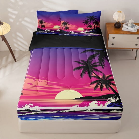 jejeloiu Retro Palm Tree Sunset Zipper Twin Comforter Sets with Fitted Sheet and 2 Pillowcases For Girls,Neon Beach Scene Zipper Bedding Set,Purple Blue,Black Reversible,4-Piece