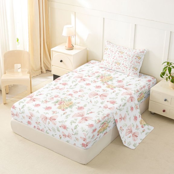jejeloiu Retro Pink Bows Twin Sheet Sets,Colorful Botanical Flowers Bedding For Princess 3pcs