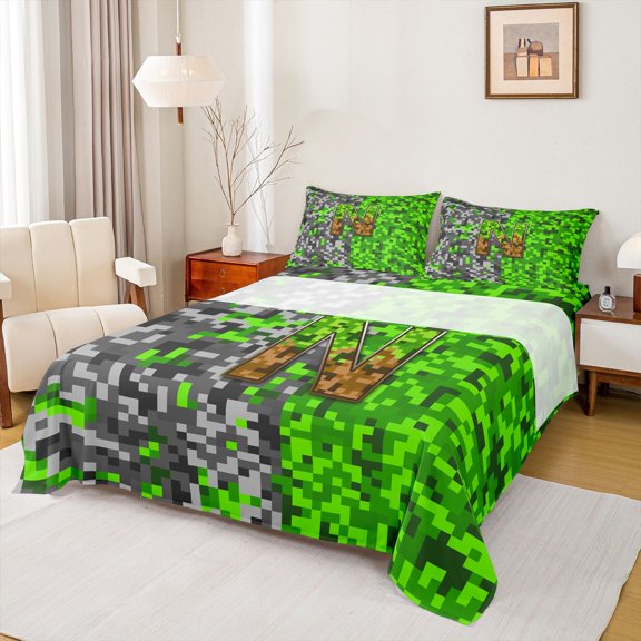 jejeloiu Retro Pixel Gamer Print Queen Sheet Sets For Kids,Personalized Initial Letter N Bed Set For Boys,4 Pieces