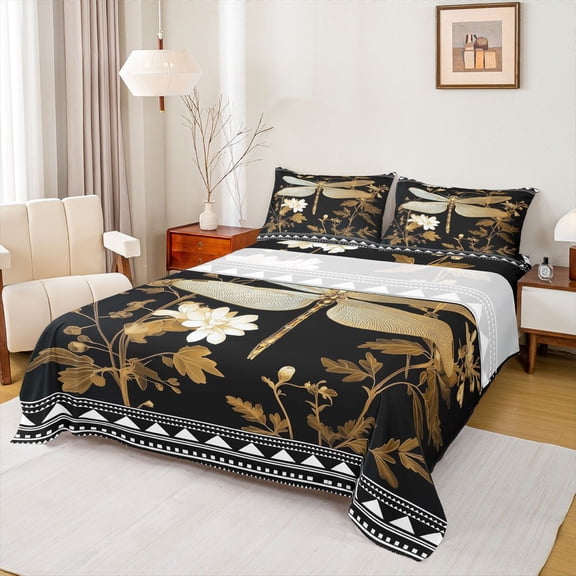 jejeloiu Retro Plant Flowers Bed Sheets,Bohemian Gold Dragonfly King Sheets For Men Women 4pcs