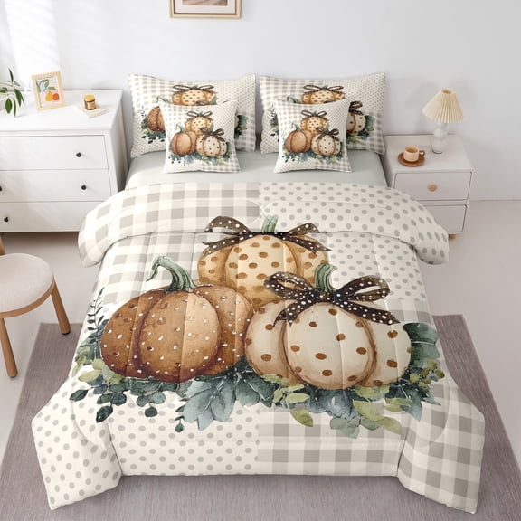 jejeloiu Retro Pumpkin Bedding Comforter Set 7-Piece,Geometric Dot Print King Bedding Sets,Kawaii Brown Bow Bed Sheets,Microfiber Bedroom Decor Reversible