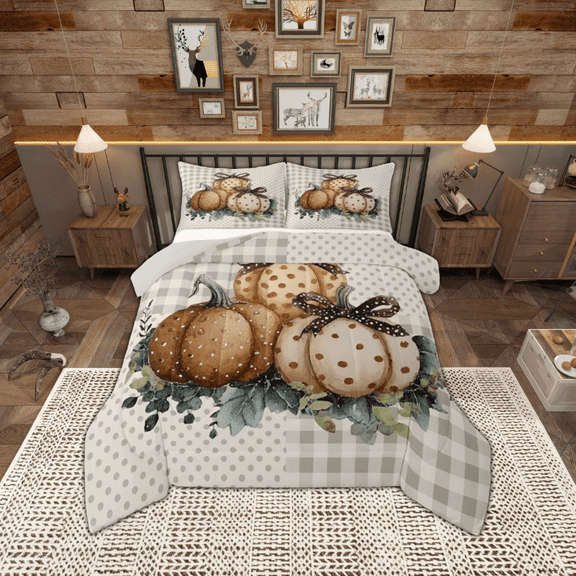 jejeloiu Retro Pumpkin Bedding Comforter Set,Geometric Dot Print Twin Comforter Sets,Kawaii Brown Bow Bedding Set,Microfiber Bedroom Decor Reversible,2 Pieces
