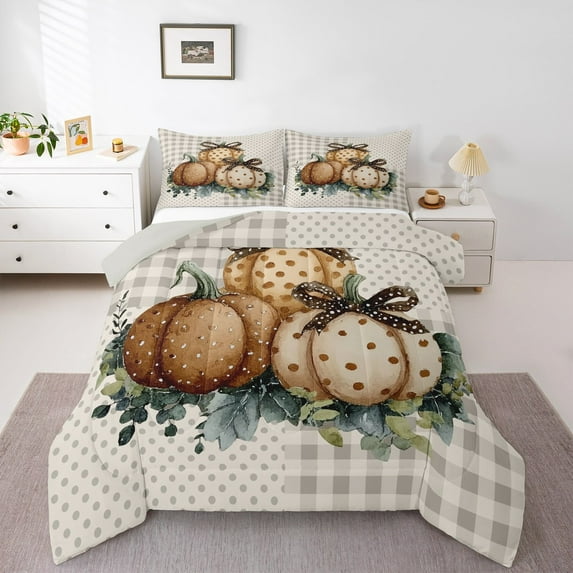 jejeloiu Retro Pumpkin King Size Comforter Sets,Geometric Dot Print Bedding Comforter Set,Kawaii Brown Bow Bedding Set,Microfiber Bedroom Decor Reversible,3 Pieces