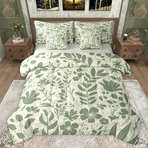 jejeloiu Retro Rustic Botanical 7-Piece Twin Bedding Sets,Natural Plant Bedding Comforter Set,Green Leaf Flower Sheet Sets For Girls Kids,Super Cozy Room Decor Reversible
