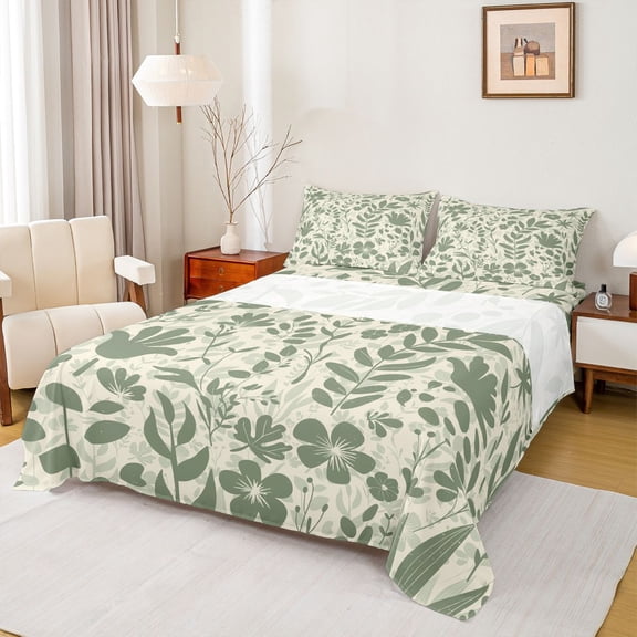 jejeloiu Retro Rustic Botanical Twin Sheet Sets,Natural Plant Twin Fitted Sheet,Green Leaf Flower Flat Sheet For Girls Kids,Super Cozy Room Decor,3pcs