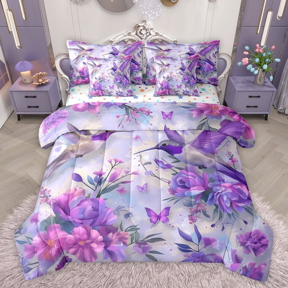 jejeloiu Retro Rustic Flower 7pcs Bedding Comforter Set,Purple Hummingbird Queen Bedding Sets,Country Floral Queen Sheet Sets For Girls Teens,Breathable Home Decor Reversible