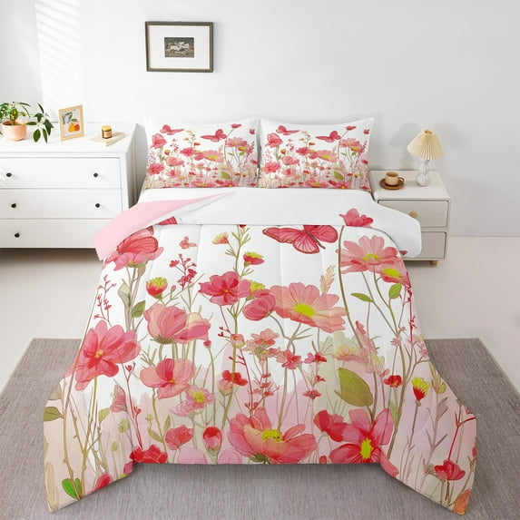 jejeloiu Retro Rustic Flower Bedding Comforter Set,Chic Butterfly Twin Comforter Sets,Pink Red White Bedding Set For Girls,Breathable Home Decor Reversible,2pcs