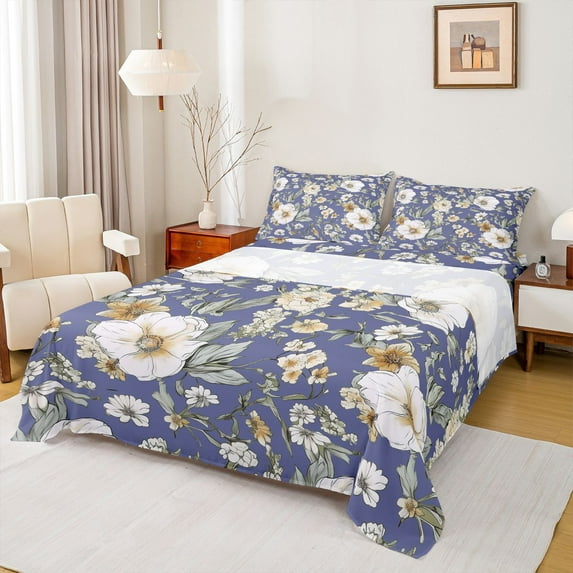 jejeloiu Retro Rustic Flower Full Size Sheets,Natural Plant Bed Sheets,White Floral Sheet Sets For Girls Kids,Super Cozy Room Decor,4pcs
